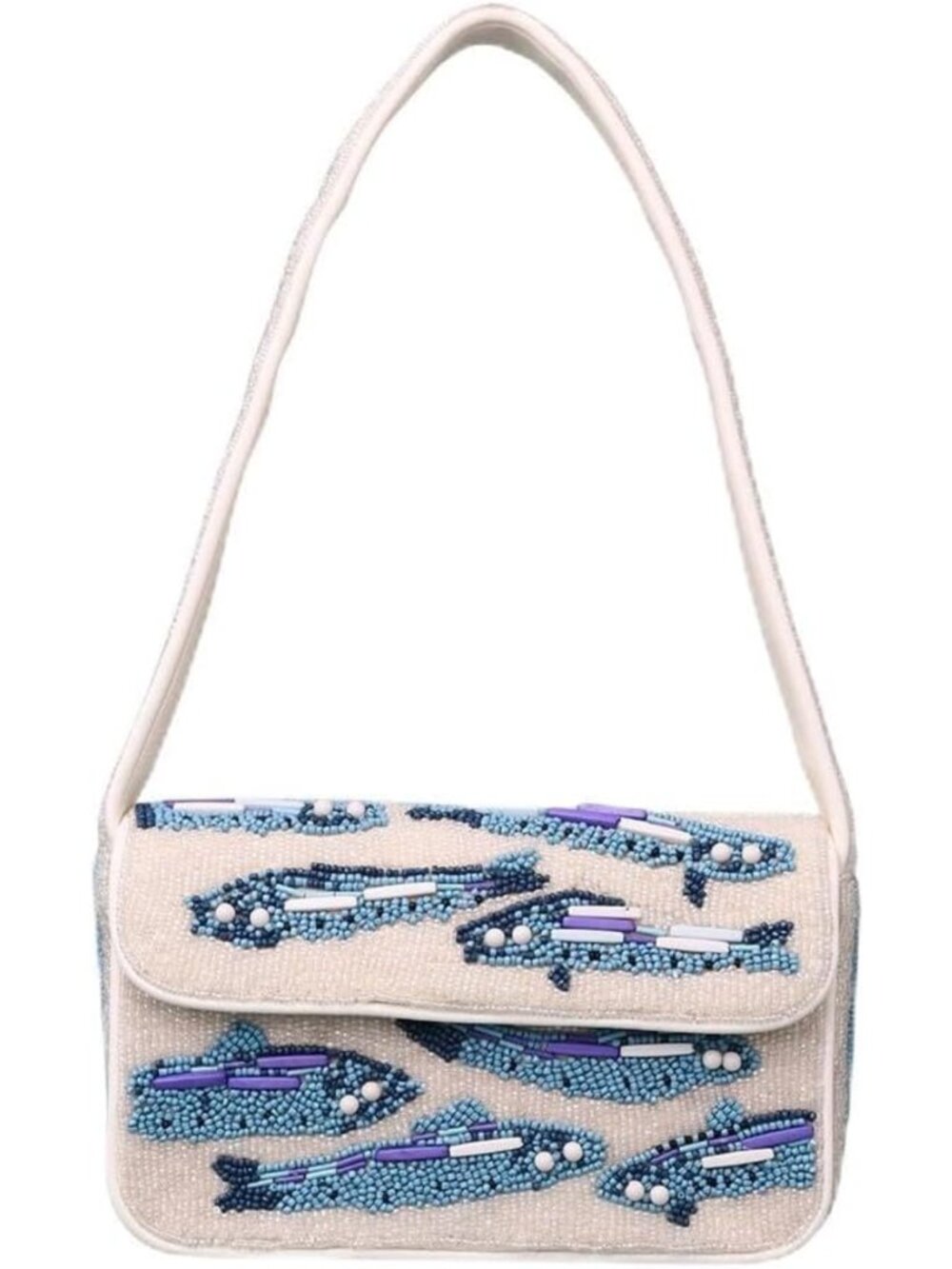 Beaded Shoulder Bag for Women - Blue & White Fish Design Purse with Box